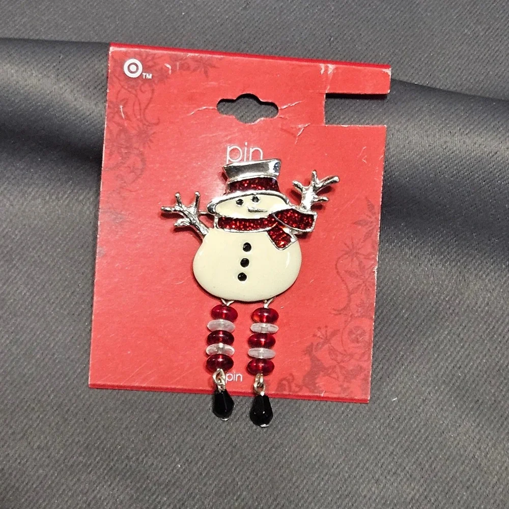Vintage Target Snowman Pin Red Glitter Scarf‎ Beaded Legs Christmas Brooch 2006